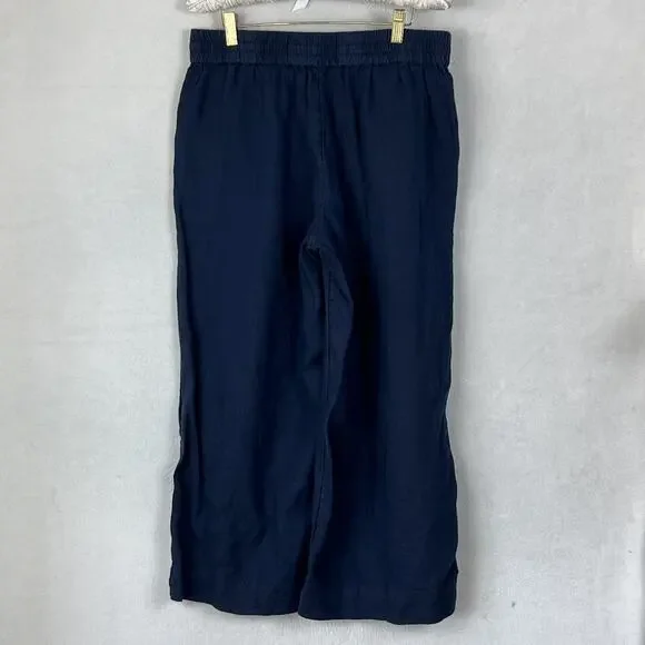 J.Crew Pants Women's Size M Navy 100% Linen Wide Leg Drawstring Pockets Relaxed - Picture 2 of 9